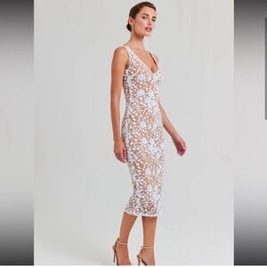 NADINE MERABI White Floral Lace Midi Dress